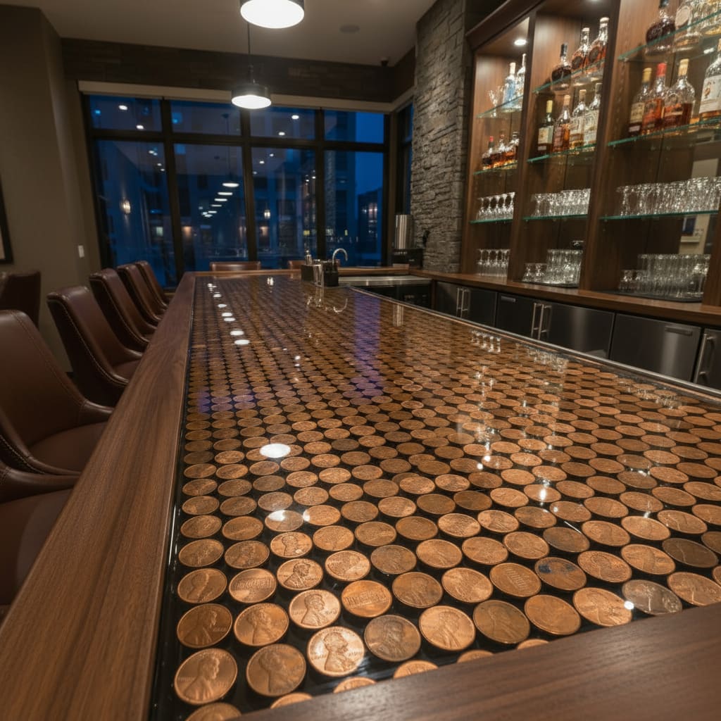 Bar with a unique epoxy penny-tiled bar top in a modern interior setting.