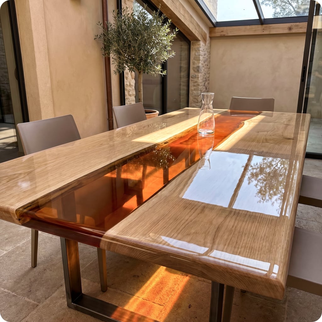 Wooden dining table with a glass top in a modern interior setting