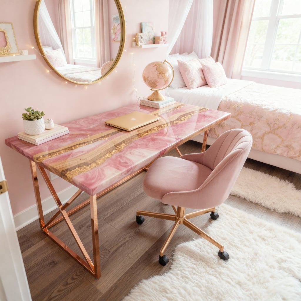 Pink epoxy desk with gold accents in a bedroom setting