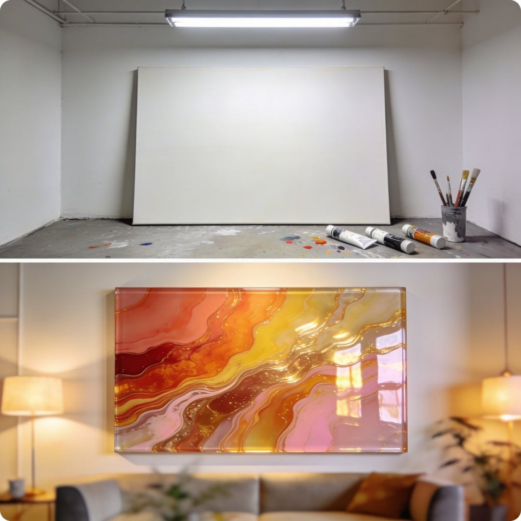 Before and after comparison of a painting process, showing a blank canvas and a finished abstract artwork.