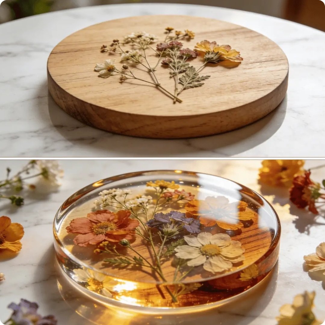 Round wooden coaster with pressed flowers on a marble surface, followed by a clear resin coaster with pressed flowers.