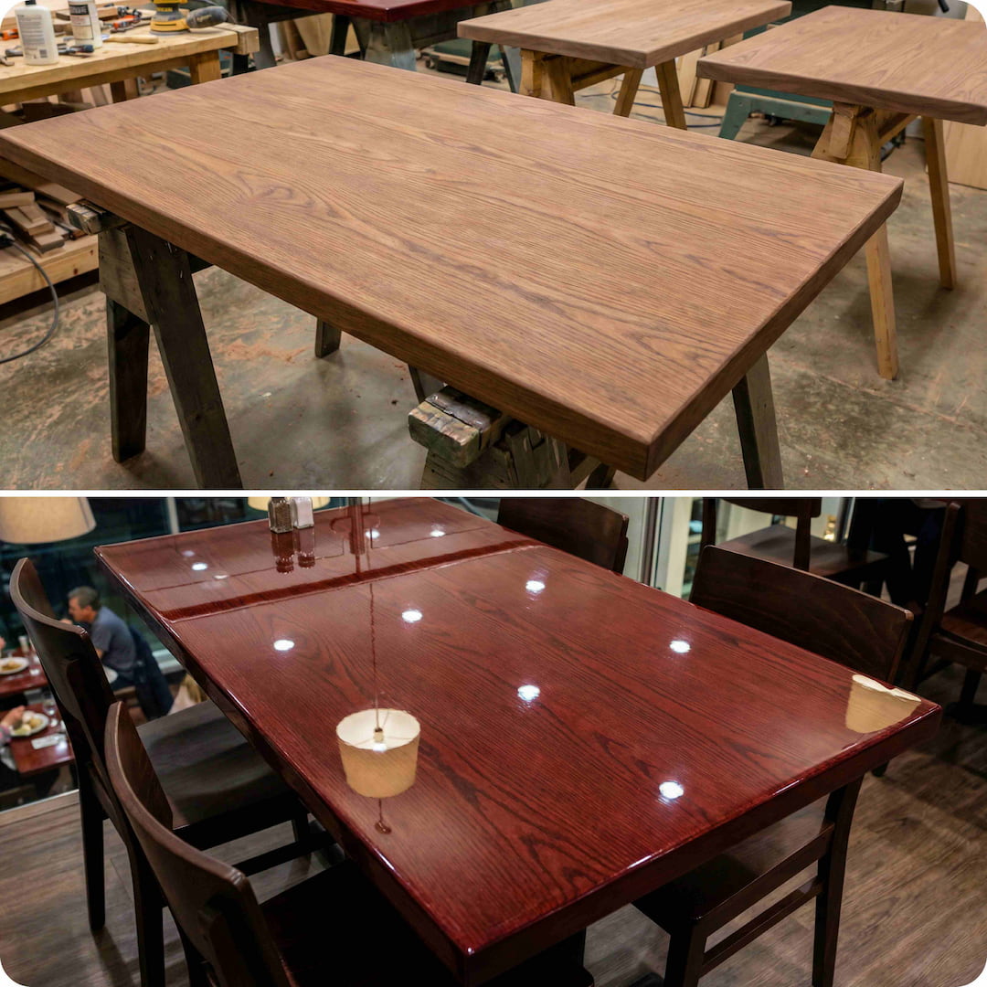 Top view of a wooden table in a workshop setting, bottom view of a polished wooden dining table with chairs.
