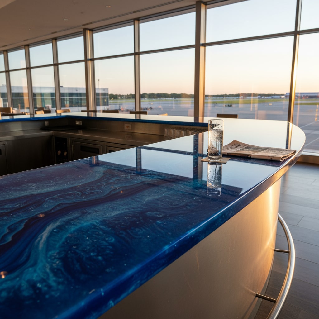 Modern bar counter with blue resin finish in a high-rise setting