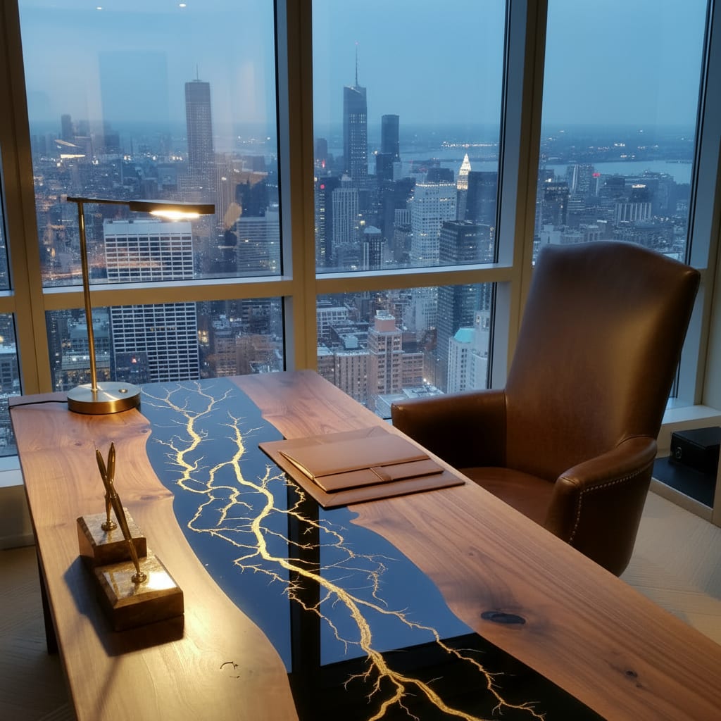 Modern epoxy river office desk with a cityscape view