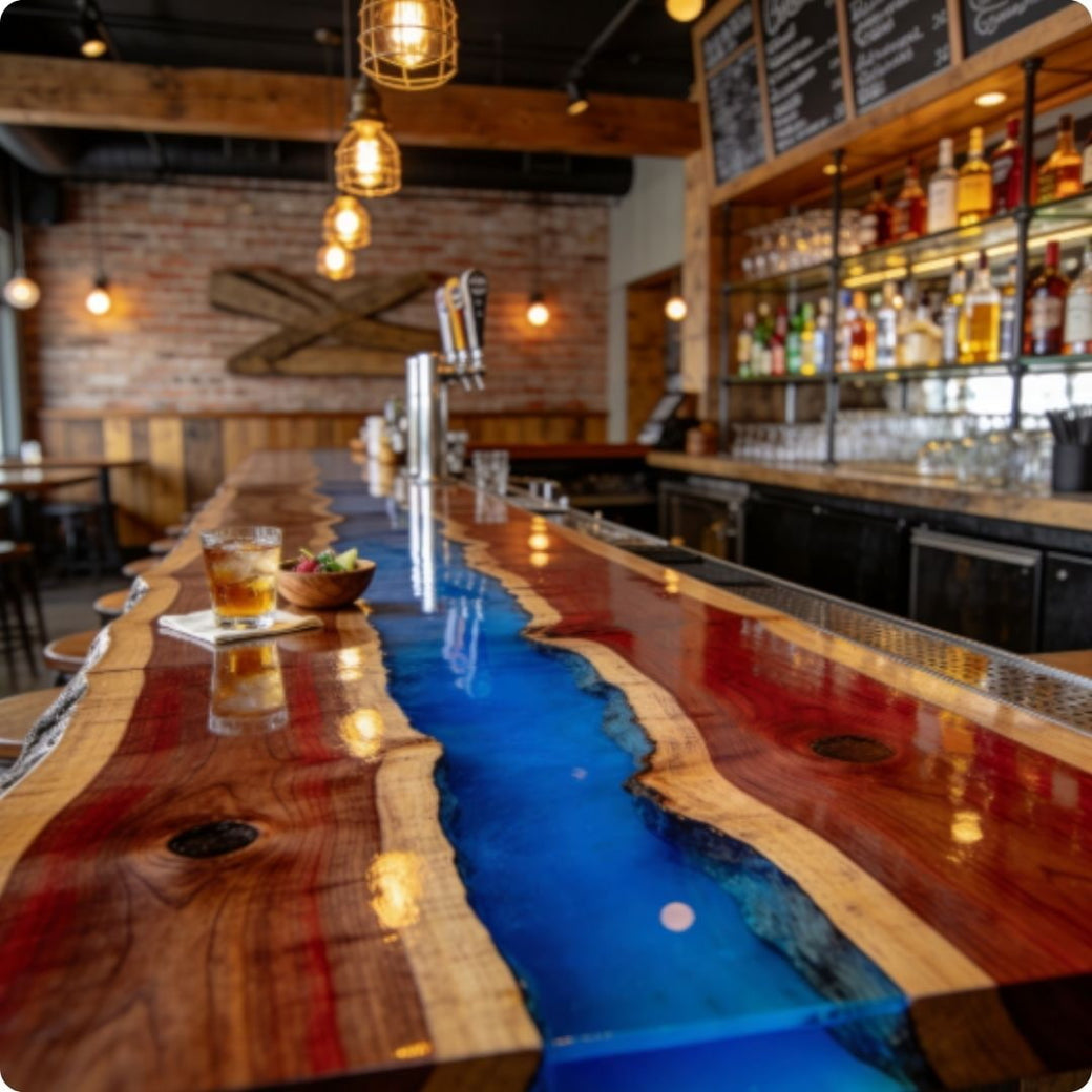 Bar counter with a unique design featuring a river of blue resin running through it, set in a cozy bar atmosphere.