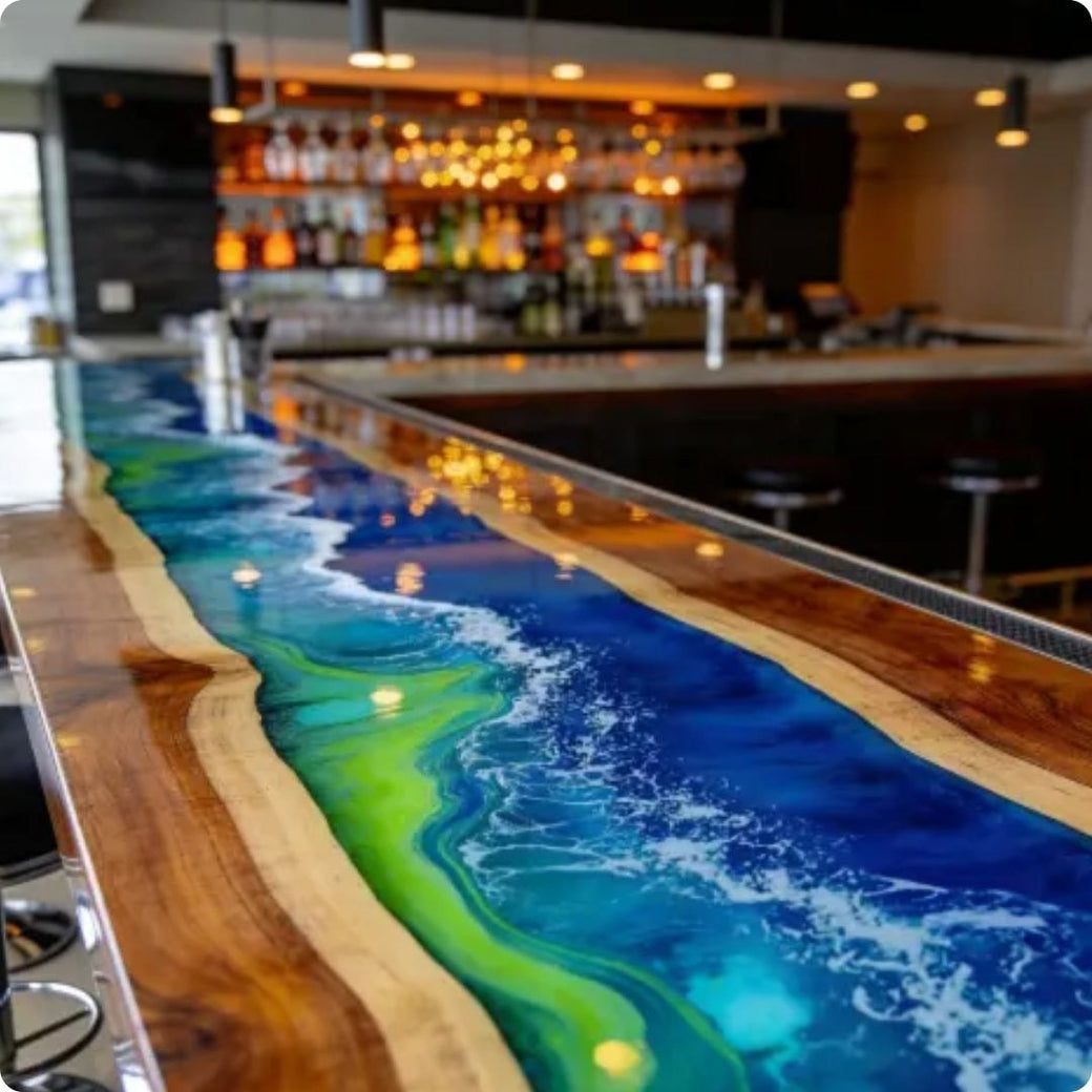 Bar counter with a unique design featuring blue and green resin on a wooden base.