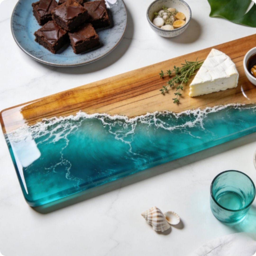 Wooden cutting board with ocean design, cheese, and brownies on a white surface.