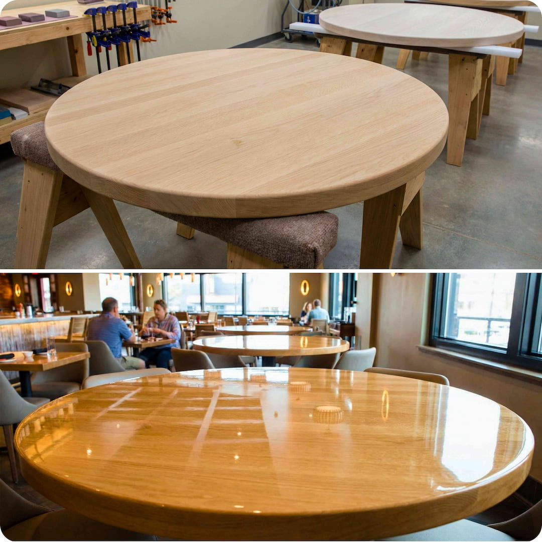 Collage of wooden tables in a restaurant setting