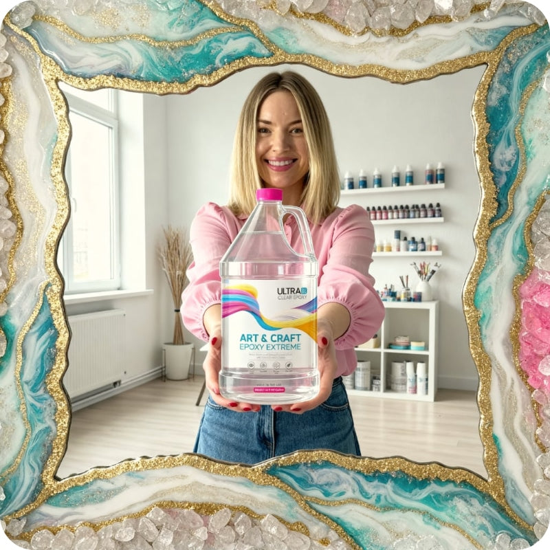 Woman holding a large container of UltraClear Art & Craft Acrylic Extender in a decorated room.
