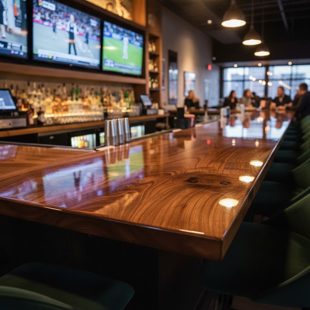 Wooden epoxy bar counter with multiple televisions displaying sports games in a bar setting.
