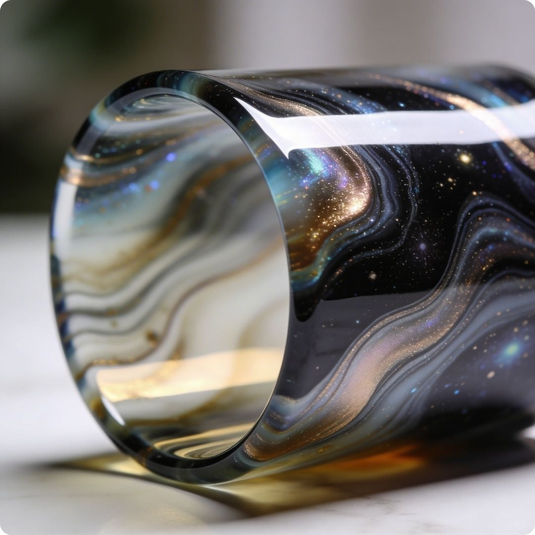 Glass object with marbled design on a neutral background